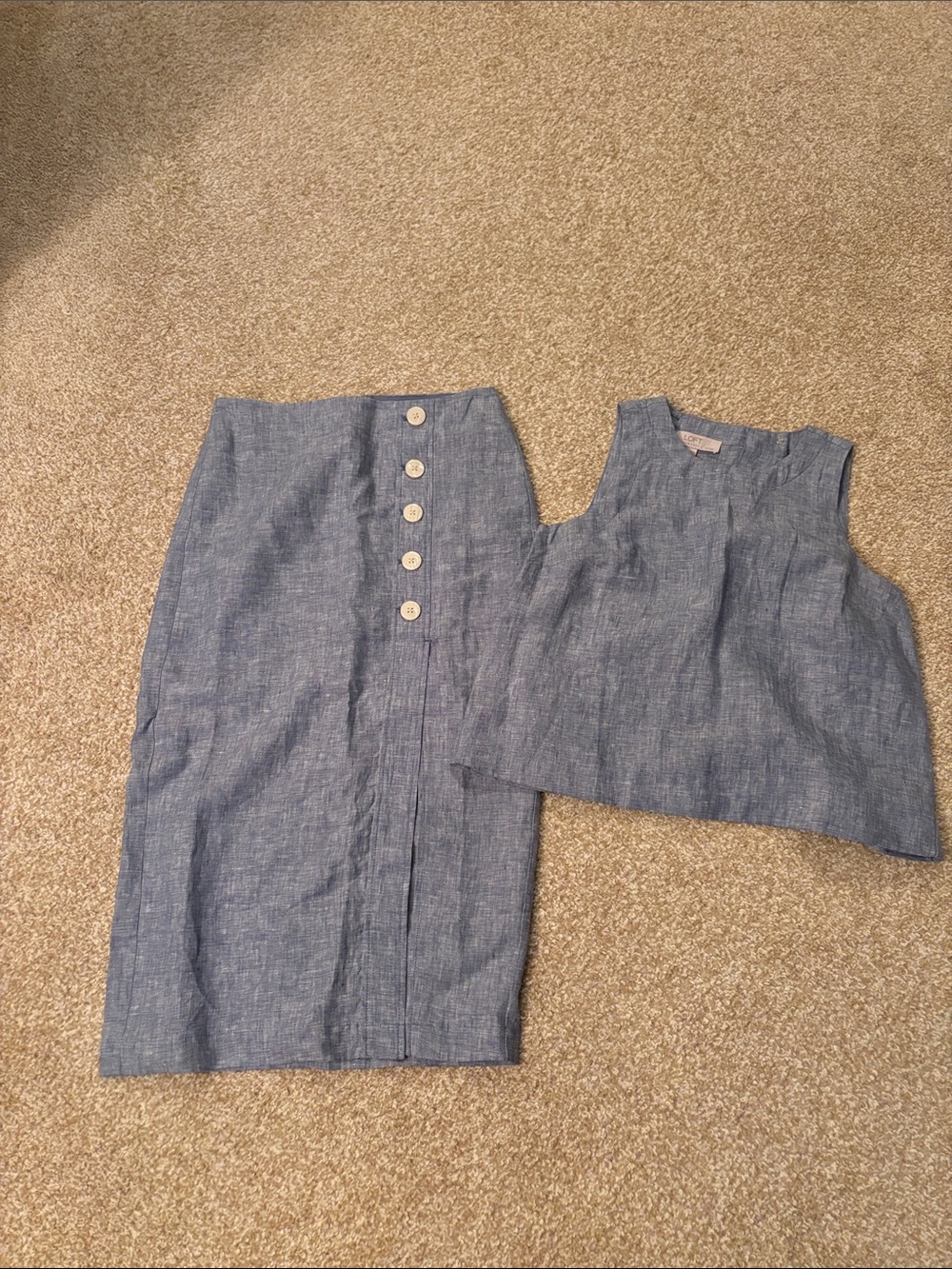 LOFT Linen Top and matching skirt set in Dusty Blue